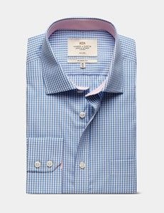 Classic Fit Blue & White Check Non-Iron Shirt  - Contrast Detail  - Chest Pocket