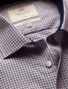 Classic Fit Pink & Navy Check Non-Iron Shirt - Contrast Detail  - Chest Pocket