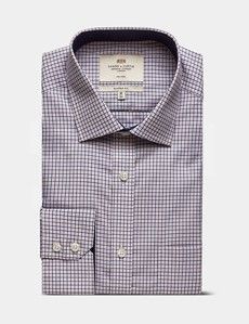 Classic Fit Pink & Navy Check Non-Iron Shirt - Contrast Detail  - Chest Pocket