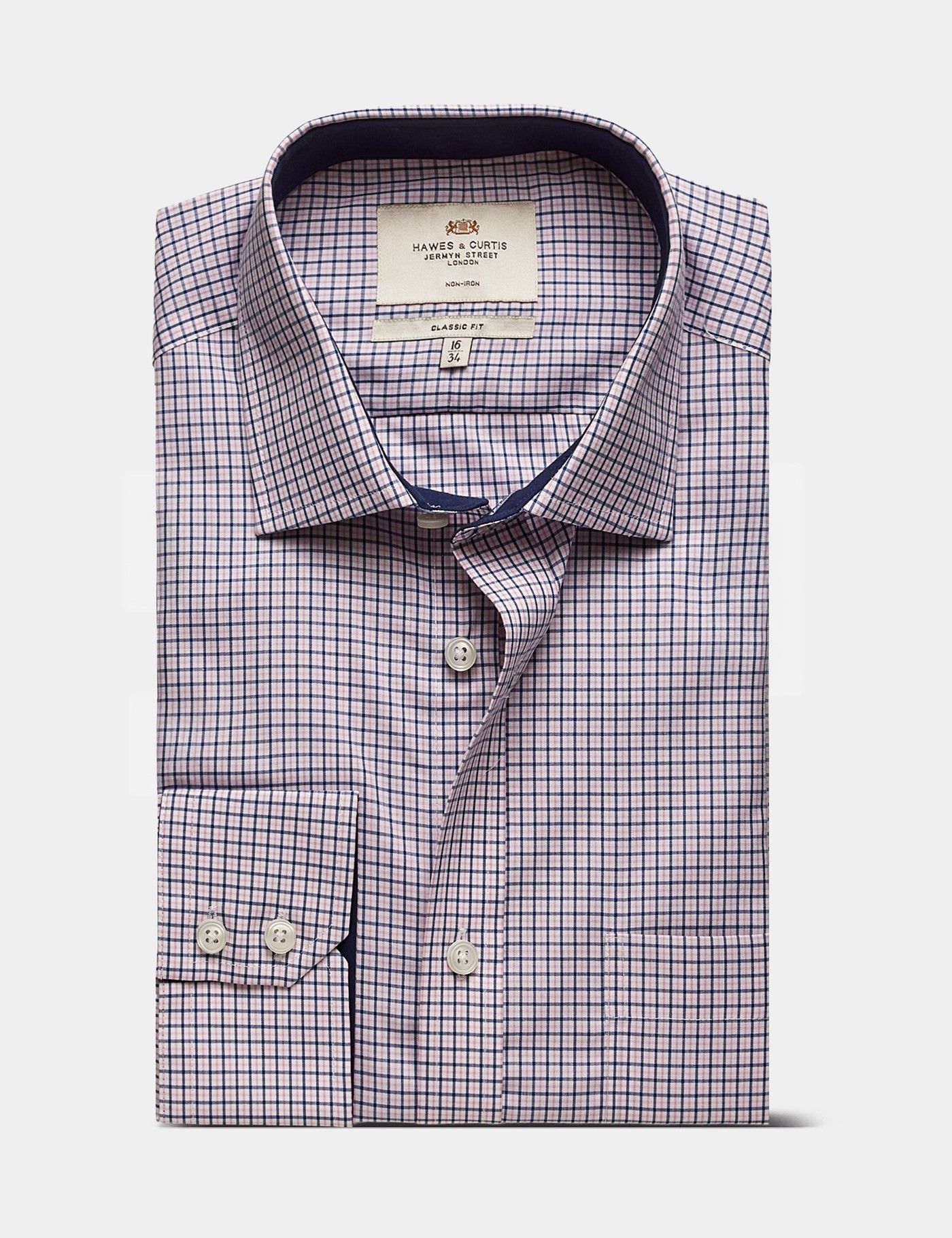 Classic Fit Pink & Navy Check Non-Iron Shirt - Contrast Detail  - Chest Pocket-preview