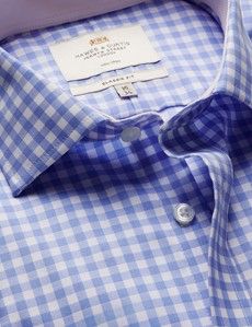 Classic Fit Blue & White Bold Check Non-Iron Shirt  - Contrast Detail  - Chest Pocket