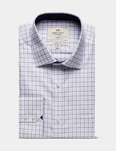 Classic Fit Blue & Lilac Check Non-Iron Shirt - Contrast Detail  - Chest Pocket
