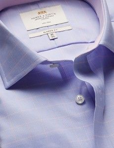 Classic Fit Blue & Pink Check Non-Iron Shirt - Contrast Detail - Chest Pocket