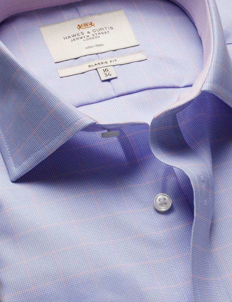 Classic Fit Blue & Pink Check Non-Iron Shirt - Contrast Detail - Chest Pocket