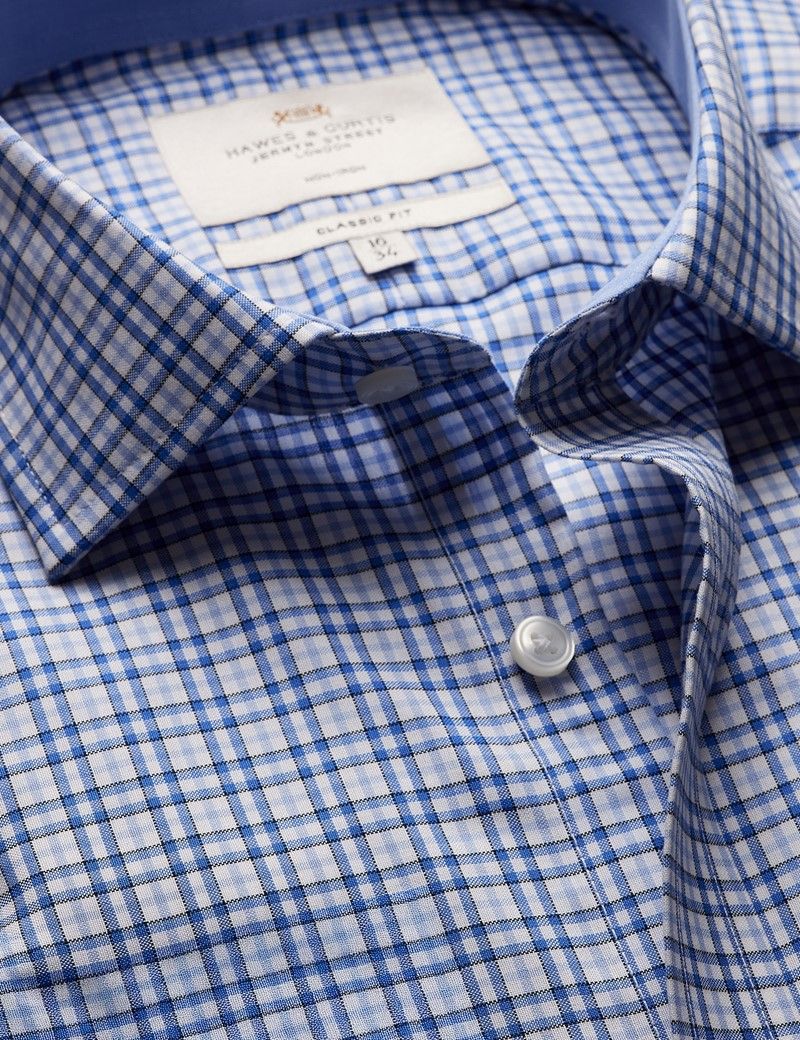 Classic Fit Blue & White Check Non-Iron Shirt - Contrast Detail  - Chest Pocket