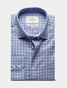 Classic Fit Blue & White Check Non-Iron Shirt - Contrast Detail  - Chest Pocket