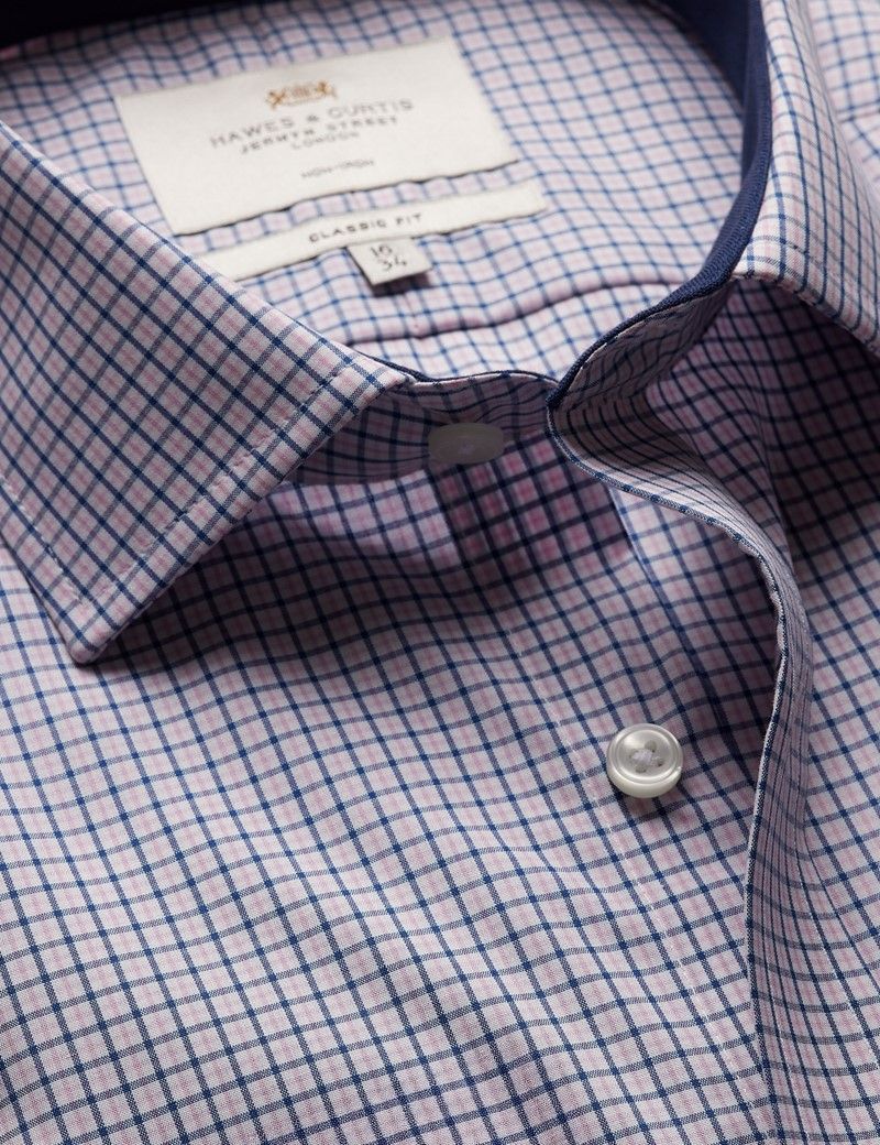 Classic Fit Navy & Pink Multi Check Non-Iron Shirt - Contrast Detail  - Chest Pocket