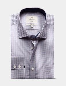 Classic Fit Navy & Pink Multi Check Non-Iron Shirt - Contrast Detail  - Chest Pocket