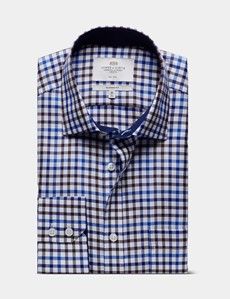 Classic Fit Blue & Brown Check Non-Iron Shirt - Contrast Detail  - Chest Pocket