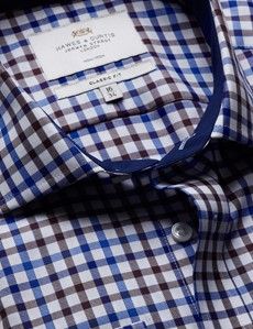 Classic Fit Blue & Brown Check Non-Iron Shirt - Contrast Detail  - Chest Pocket