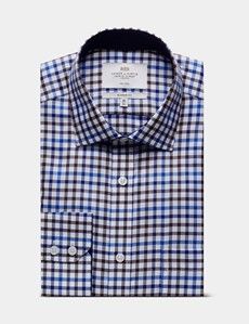 Classic Fit Blue & Brown Check Non-Iron Shirt - Contrast Detail  - Chest Pocket