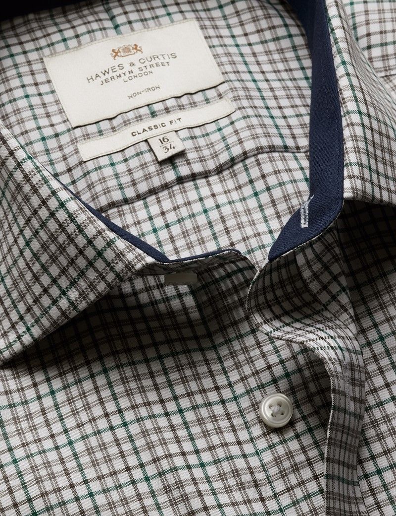 Classic Fit Green & Brown Check Non-Iron Shirt - Contrast Detail  - Chest Pocket
