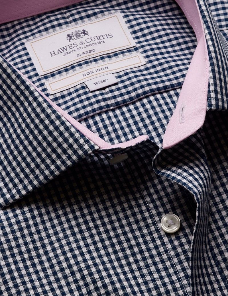 Classic Fit Navy & White Gingham Check Non-Iron Shirt - Chest Pocket