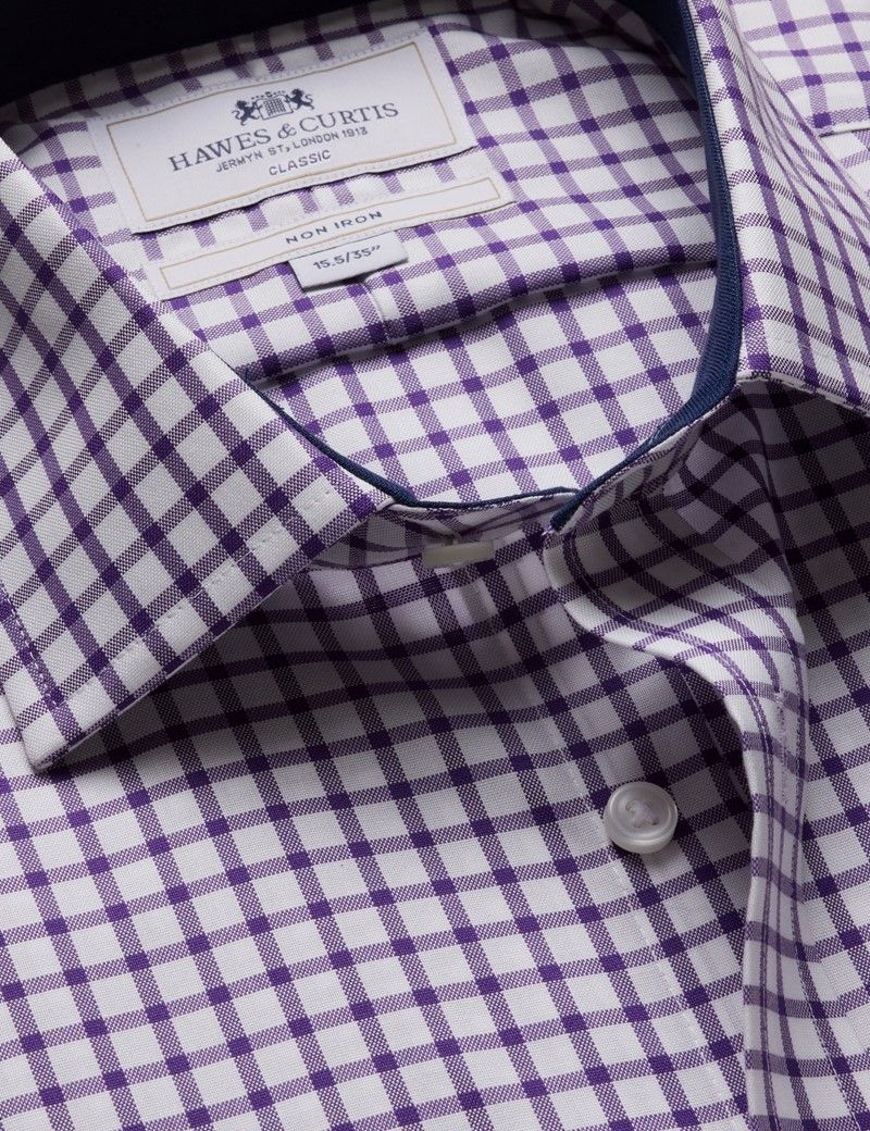Classic Fit Purple & White Grid Check Non-Iron Shirt - Contrast Detail  - Chest Pocket