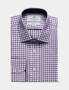 Classic Fit Purple & White Grid Check Non-Iron Shirt - Contrast Detail  - Chest Pocket