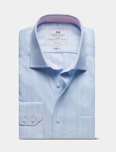 Classic Fit Blue & White Grid Check Non-Iron Shirt - Contrast Detail  - Chest Pocket