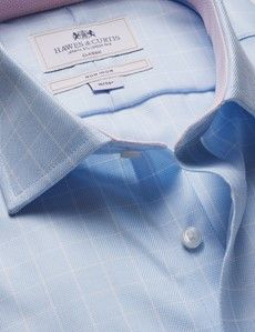 Classic Fit Blue & White Grid Check Non-Iron Shirt - Contrast Detail  - Chest Pocket