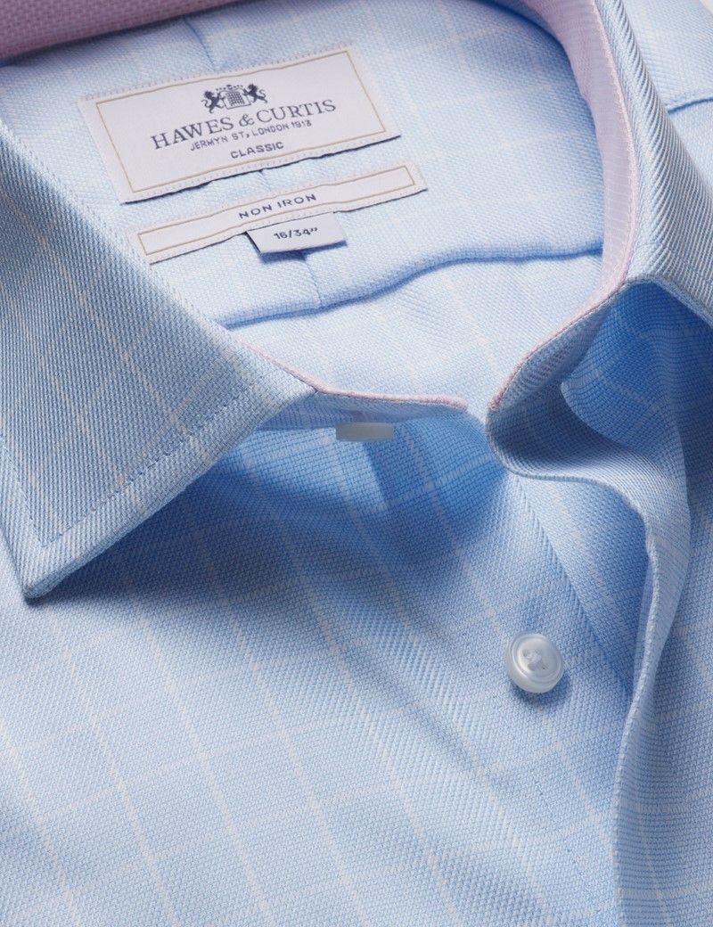 Classic Fit Blue & White Grid Check Non-Iron Shirt - Contrast Detail  - Chest Pocket