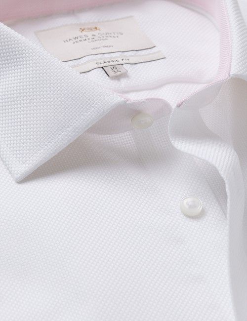 Non-Iron White Textured Weave Classic Shirt - Contrast Detail & Breast Pocket