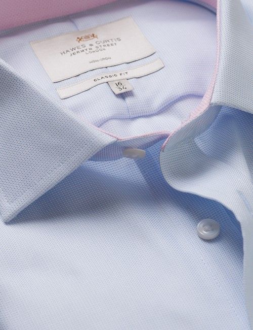 Non-Iron Blue Pick and Pick Classic Fit Shirt - Contrast Detail & Breast Pocket