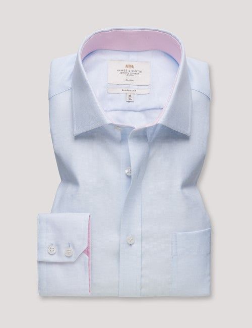 Non-Iron Blue Pick and Pick Classic Fit Shirt - Contrast Detail & Breast Pocket-preview