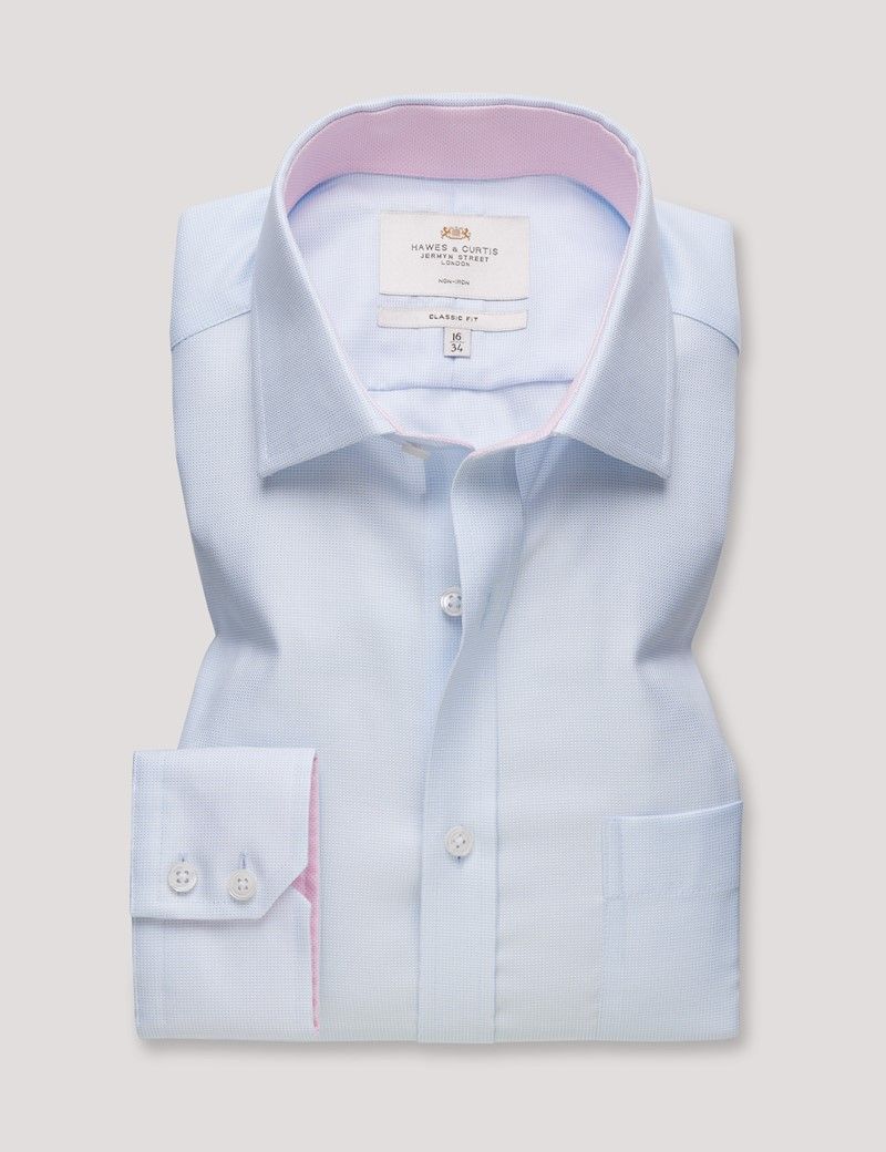 Classic Fit Blue Pick and Pick Non-Iron Shirt - Contrast Detail  - Chest Pocket-preview