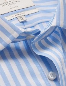 Non-Iron Blue & White Bold Stripe Classic Shirt With Contrast Detail & Breast Pocket