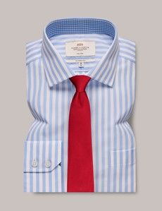 Non-Iron Blue & White Bold Stripe Classic Shirt With Contrast Detail & Breast Pocket-preview2