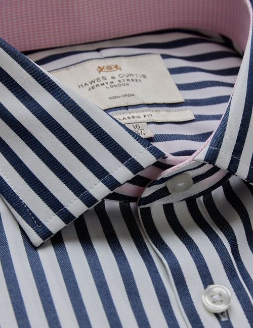 Non-Iron Navy & White Bold Stripe Classic Shirt - Contrast Detail & Breast Pocket-preview
