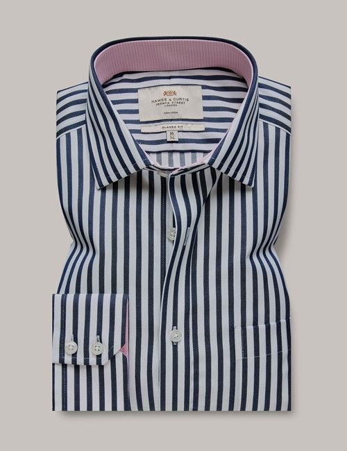 Non-Iron Navy & White Bold Stripe Classic Shirt - Contrast Detail & Breast Pocket