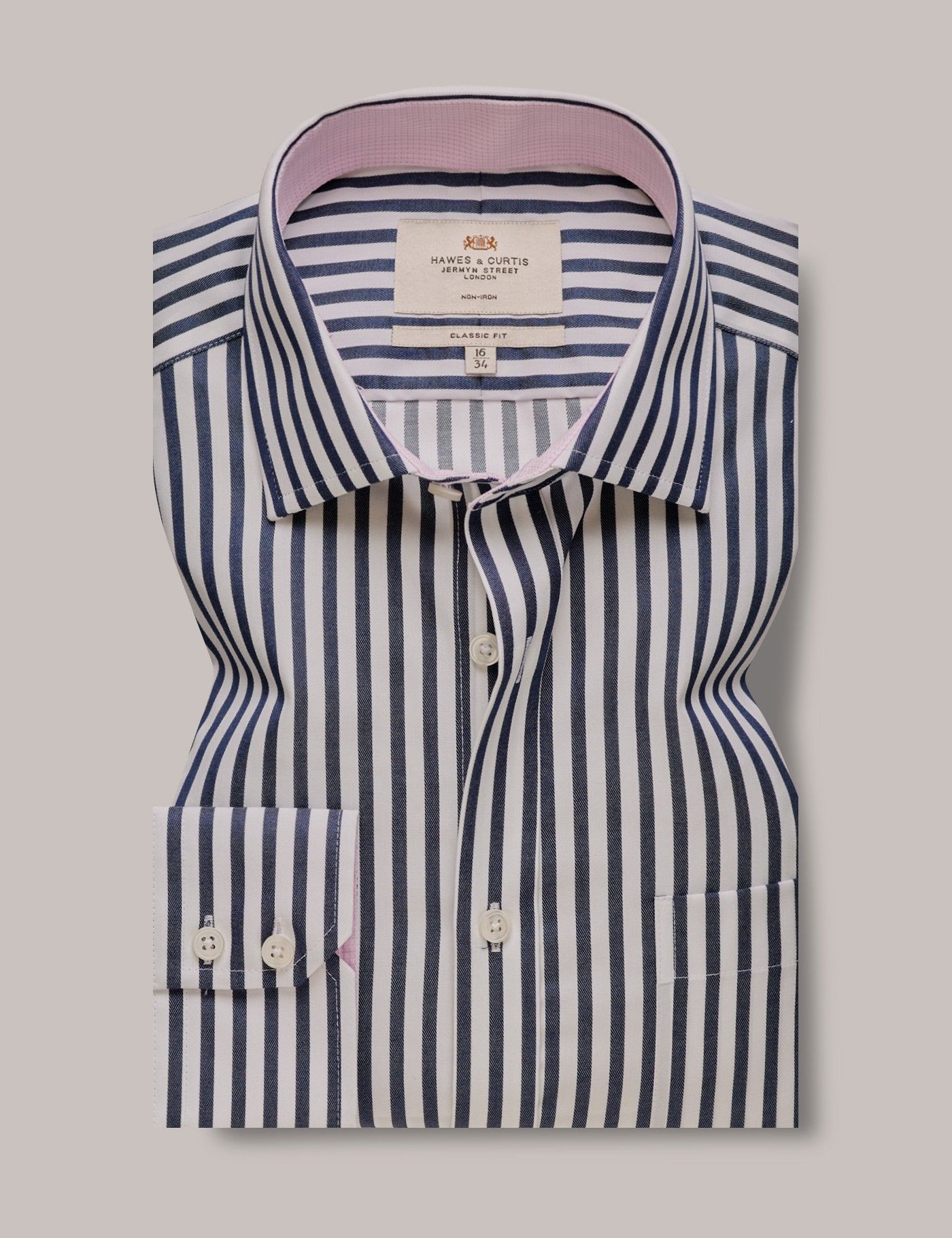 Men's Non-Iron Navy & White Bold Stripe Classic Shirt - Contrast Detail ...