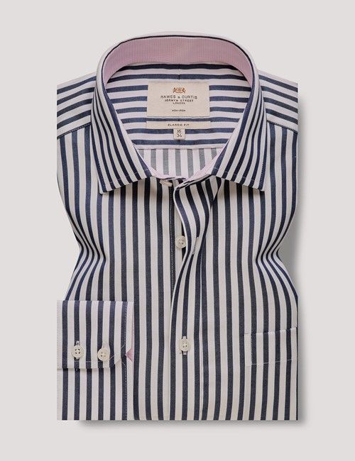 Non-Iron Navy & White Bold Stripe Classic Shirt - Contrast Detail & Breast Pocket-preview