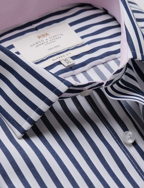 Non-Iron Navy & White Bold Stripe Classic Shirt - Contrast Detail & Breast Pocket