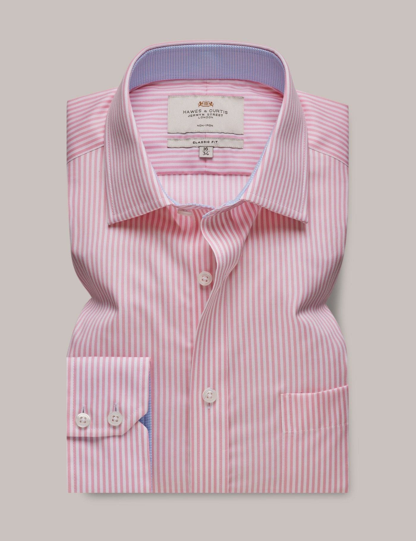 Men's Non-Iron Pink & White Bengal Stripe Classic Shirt With Contrast ...