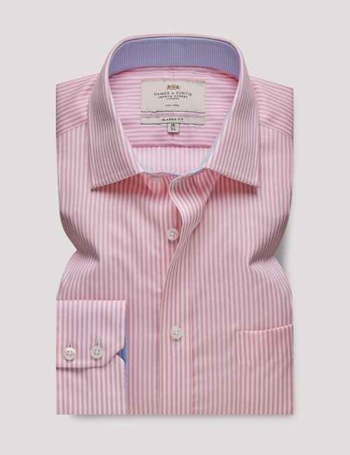 Non-Iron Pink & White Bengal Stripe Classic Shirt With Contrast Detail & Breast Pocket-preview