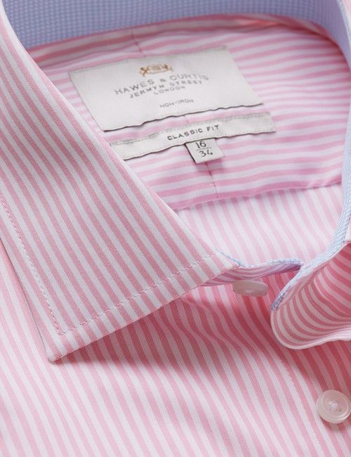 Non-Iron Pink & White Bengal Stripe Classic Shirt With Contrast Detail & Breast Pocket