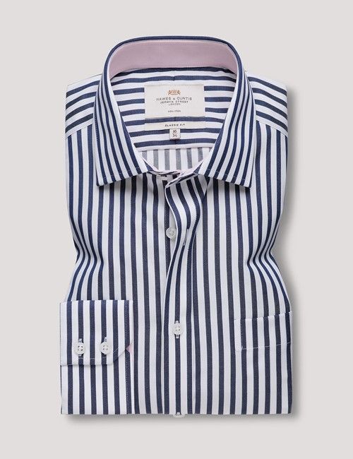 Non-Iron Navy & White Bold Stripe Classic Shirt - Contrast Detail & Breast Pocket-preview
