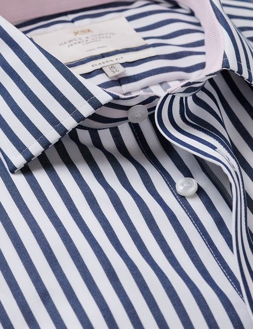 Non-Iron Navy & White Bold Stripe Classic Shirt - Contrast Detail & Breast Pocket