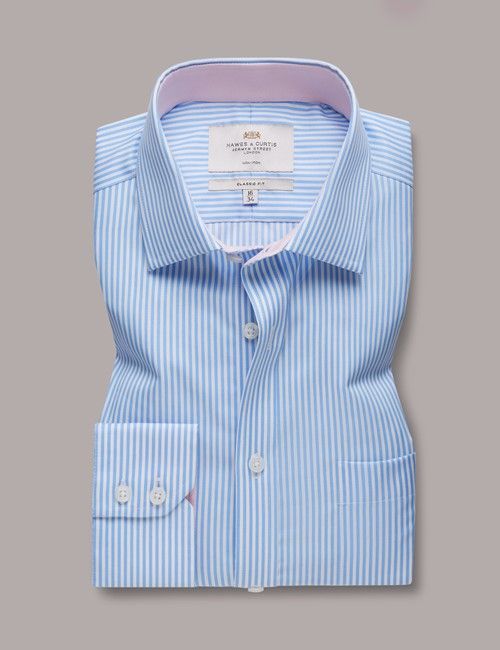 Non-Iron Blue & White Bengal Stripe Classic Fit Shirt - Contrast Detail & Breast Pocket-preview
