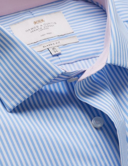Non-Iron Blue & White Bengal Stripe Classic Fit Shirt - Contrast Detail & Breast Pocket