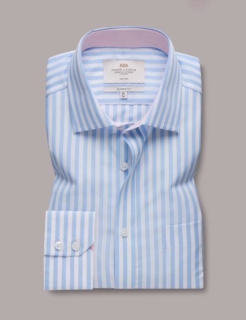Non-Iron Blue & White Bold Stripe Classic Fit Shirt - Contrast Detail & Breast Pocket-preview