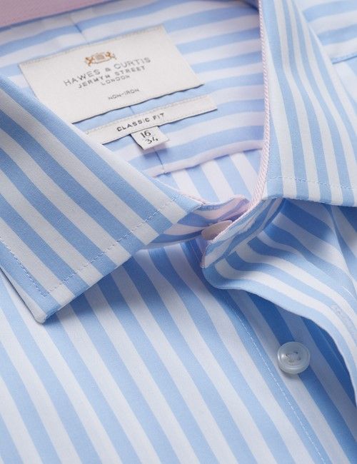 Non-Iron Blue & White Bold Stripe Classic Fit Shirt - Contrast Detail & Breast Pocket
