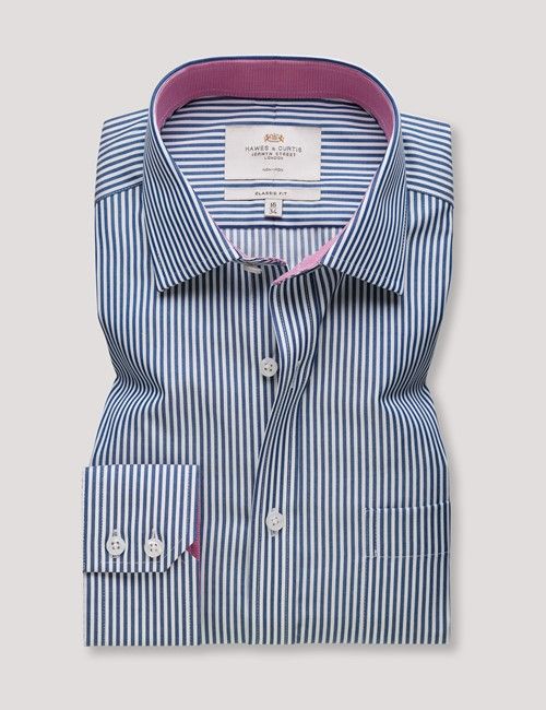 Non-Iron Navy & White Bengal Stripe Classic Fit Shirt - Contrast Detail & Breast Pocket-preview