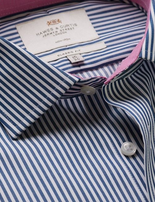 Non-Iron Navy & White Bengal Stripe Classic Fit Shirt - Contrast Detail & Breast Pocket