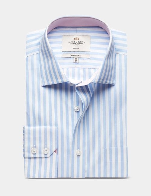 Classic Fit Blue & White Bold Stripe Non-Iron Shirt - Contrast Detail  - Chest Pocket-preview