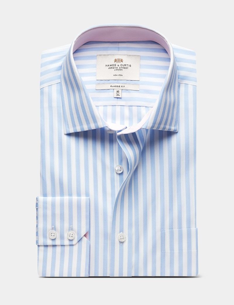 Classic Fit Blue & White Bold Stripe Non-Iron Shirt - Contrast Detail  - Chest Pocket-preview