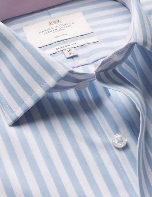 Classic Fit Blue & White Bold Stripe Non-Iron Shirt - Contrast Detail  - Chest Pocket
