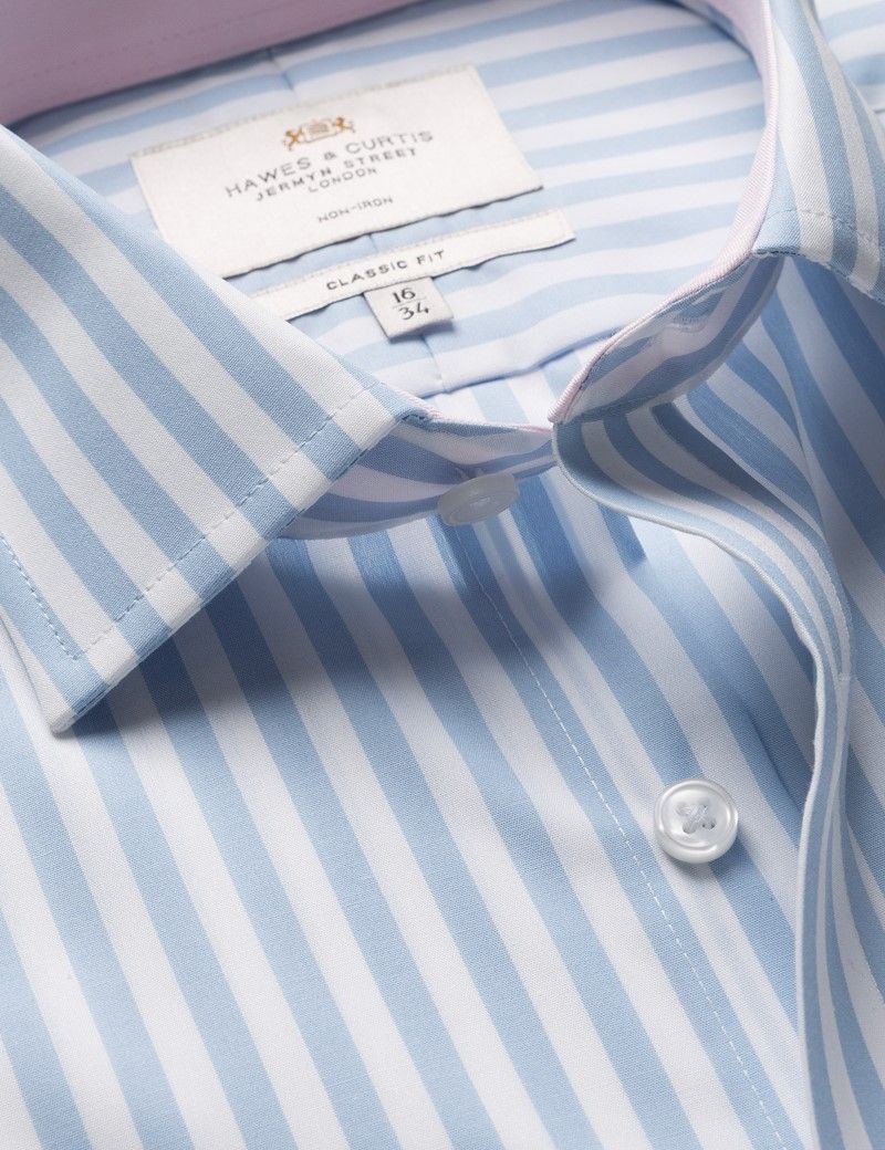 Classic Fit Blue & White Bold Stripe Non-Iron Shirt - Contrast Detail  - Chest Pocket