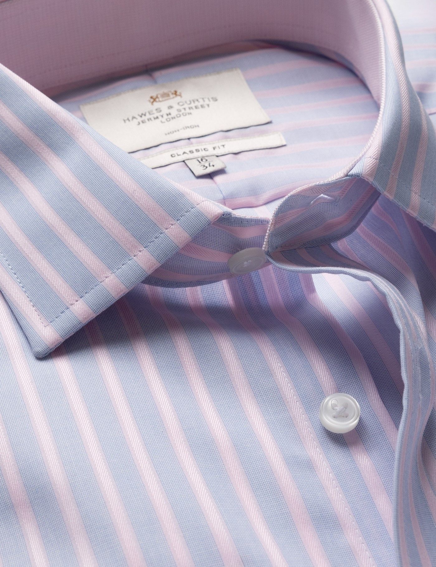 Classic Fit Blue & Pink Stripe Non-Iron Shirt - Contrast Detail  - Chest Pocket
