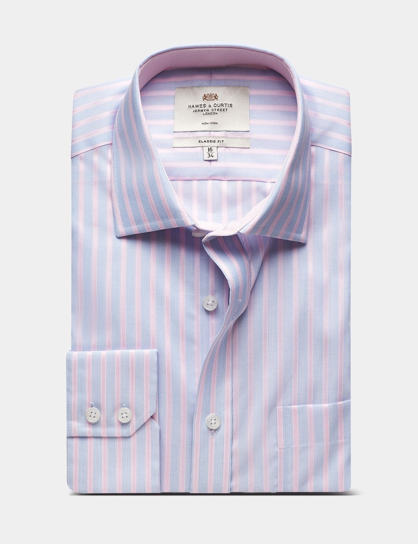 Classic Fit Blue & Pink Stripe Non-Iron Shirt - Contrast Detail  - Chest Pocket-preview
